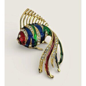 Vtg Angel or Koi Fish Brooch Pin Gold Tone w/Red Green Blue Enamel & Rhinestones